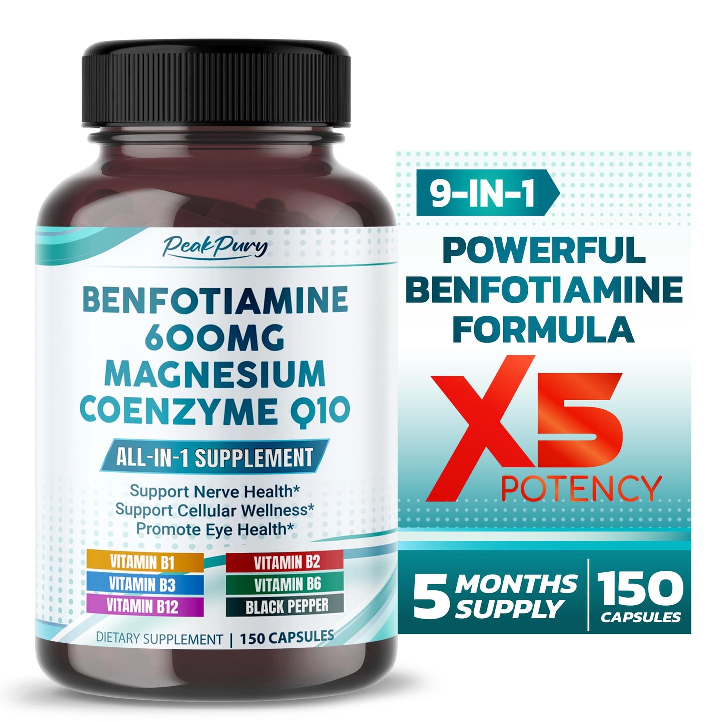 PEAKPURY Benfotiamine 600mg with Magnesium & Coenzyme Q10 - Supports Nerve Health Cellular Wellness & Eye Health - Made in The USA- 150 Capsules