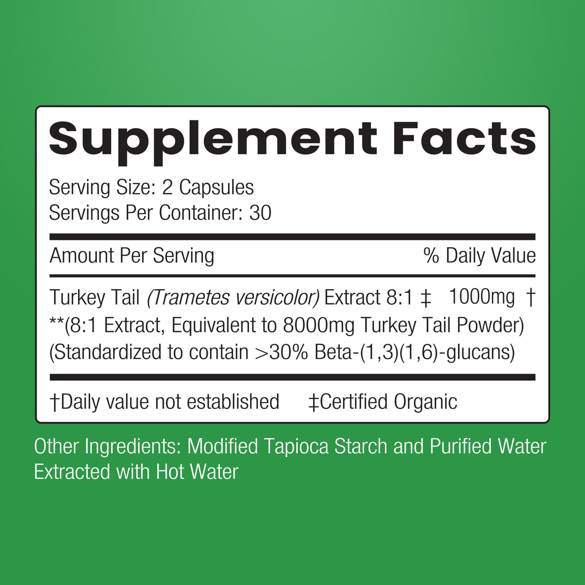 Turkey Tail Mushroom 8:1 Extract – 30%+ Beta-Glucans | 60 Capsules