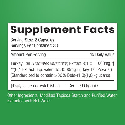 Turkey Tail Mushroom 8:1 Extract – 30%+ Beta-Glucans | 60 Capsules