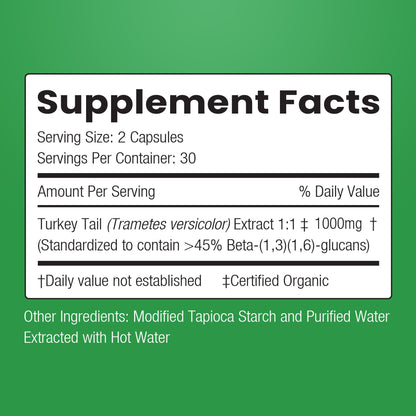Turkey Tail 1:1 Extract – 45%+ Beta-Glucans | 60 Capsules